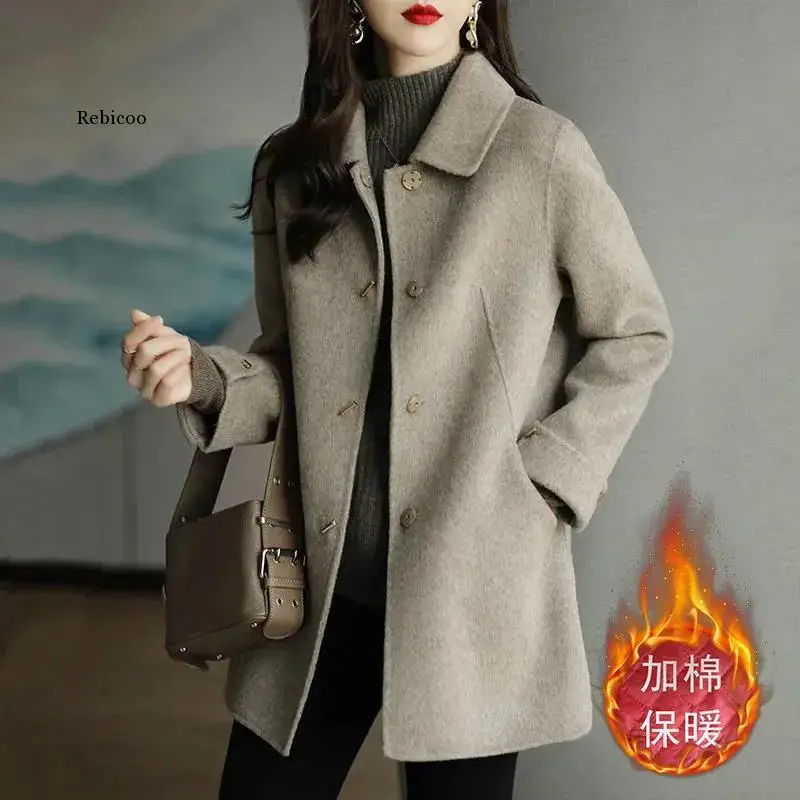 

Autumn Winter Woolen Coat Women Loose Elegant Overcoat New 2022 Fashion Add Cotton Outerwear Black Woolen Trench Coat Female