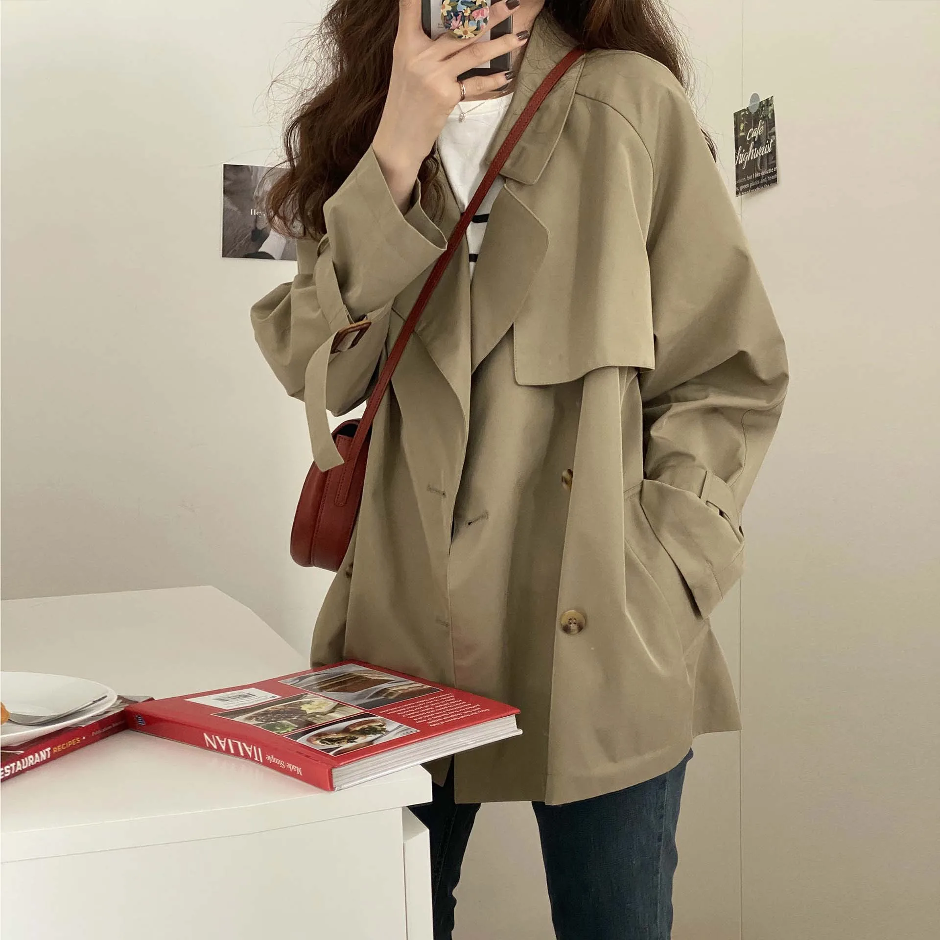 

S-XL Womens Trench Coat Spring Autumn Female Jacket Long Button Turn-down Collar Loose Casual Ladies Windbreaker Clothes Hw70