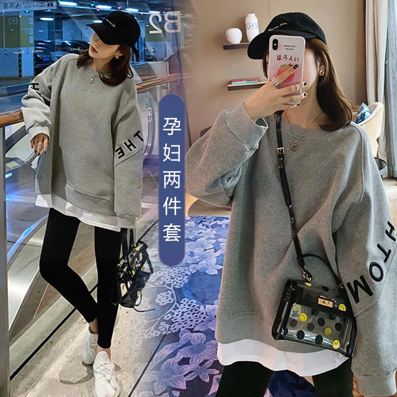 Autumn Maternity Clothes Set Long Sleeve Fashion Letters Printed Sweatshirts Black Leggings 2pcs/set Pregnant Woman Sports Suits