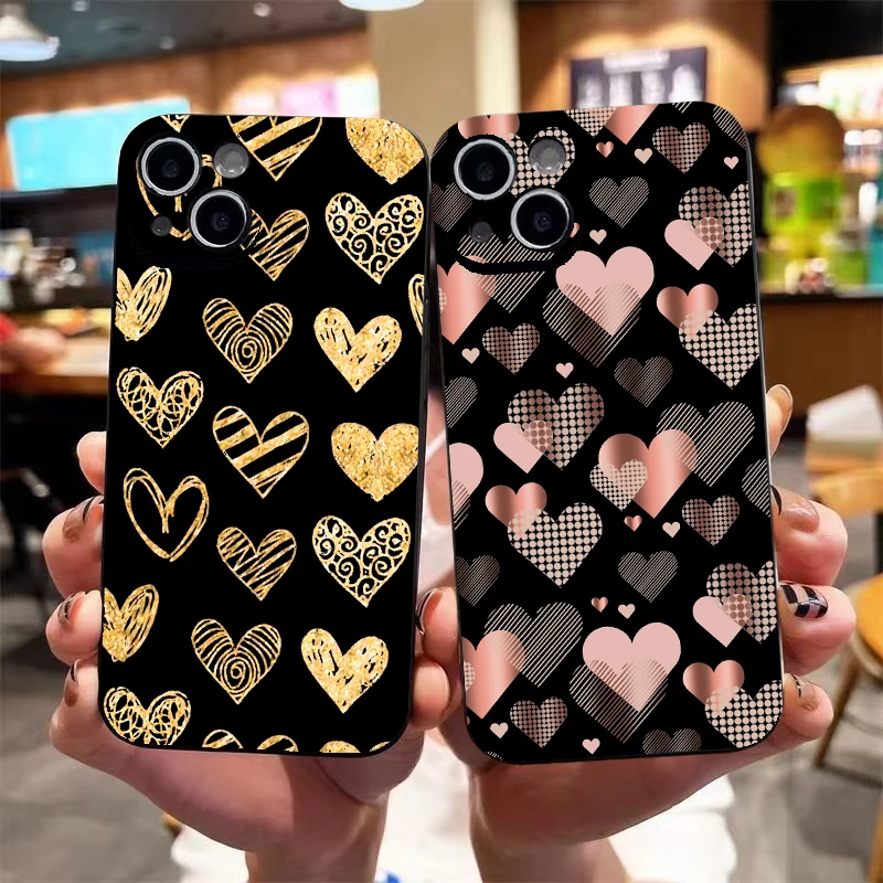 Custodia Morbida Opaca Black Gold Love Heart Per Iphone 15 11 13 12 Pro Max Xr X Xs 7 8 Plus 2020 Cover Per Custodie Iphone 14 Pro Max