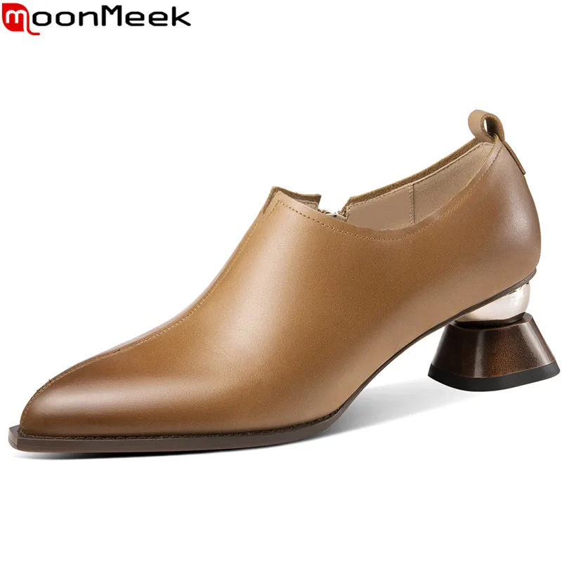 

MoonMeek 2023 New Size 33-43 Pointed Toe Dress Shoes Zipper Genuine Leather Single Shoes Woman Ladies Thick High Heels Pumps