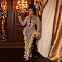 Lace Ruffle Elegant Prom Gowns with Sleeves Straight African Formal Dress Long vestidos de noche Aso Ebi Evening Dresses 1