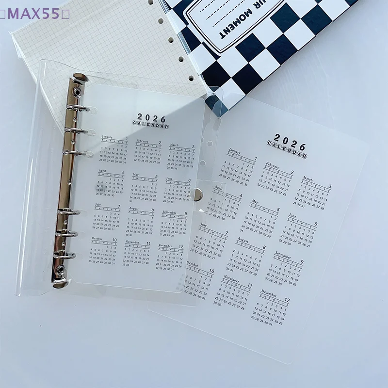 【MAX-55】2026 A5/A6 루즈리프 6홀 캘린더 분리 페이지 내구성이 뛰어난 투명 PP 반투명 소재