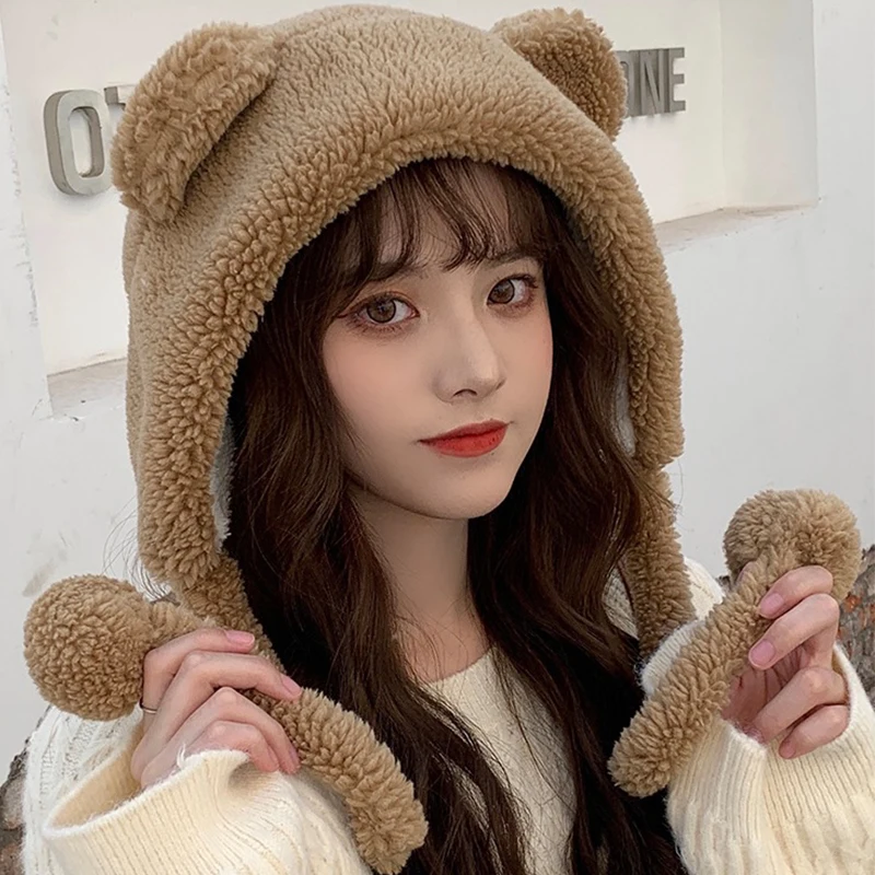 

Cute Girl Knit Ear Protection Hat Bear Women Earmuffs Cap Woolen Crochet Bonnet Solid Color Hood Beanies Winter Warm Headgear