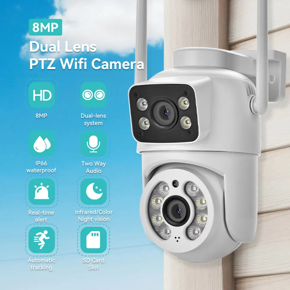 4K 8MP PTZ Security Camera Dual Lens WiFi Outdoor Auto Tracking Dual Screen AI Human Detection Color Night Vision ICSEE APP 2