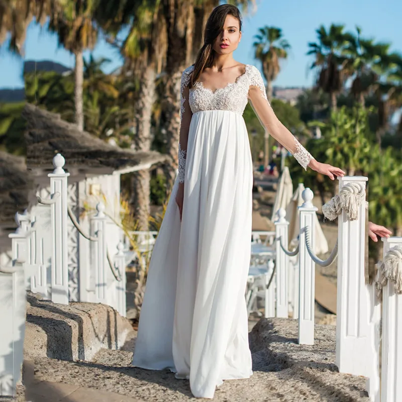 

Boho Wedding Dress 2023 Full Sleeves Lace Applique Floor-Length Scoop Backless Bridal Gown Summer Robe De Mariée Chiffon Elegant