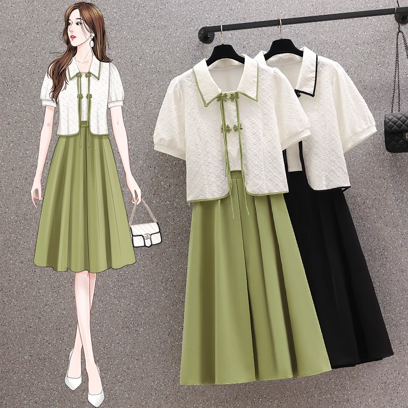 

Retro Large Size Half-body Skirt Two-piece Female Summer 2023 New Fashion Slim Fit Chinese Shirt Lantern Sleeve Suit Dress