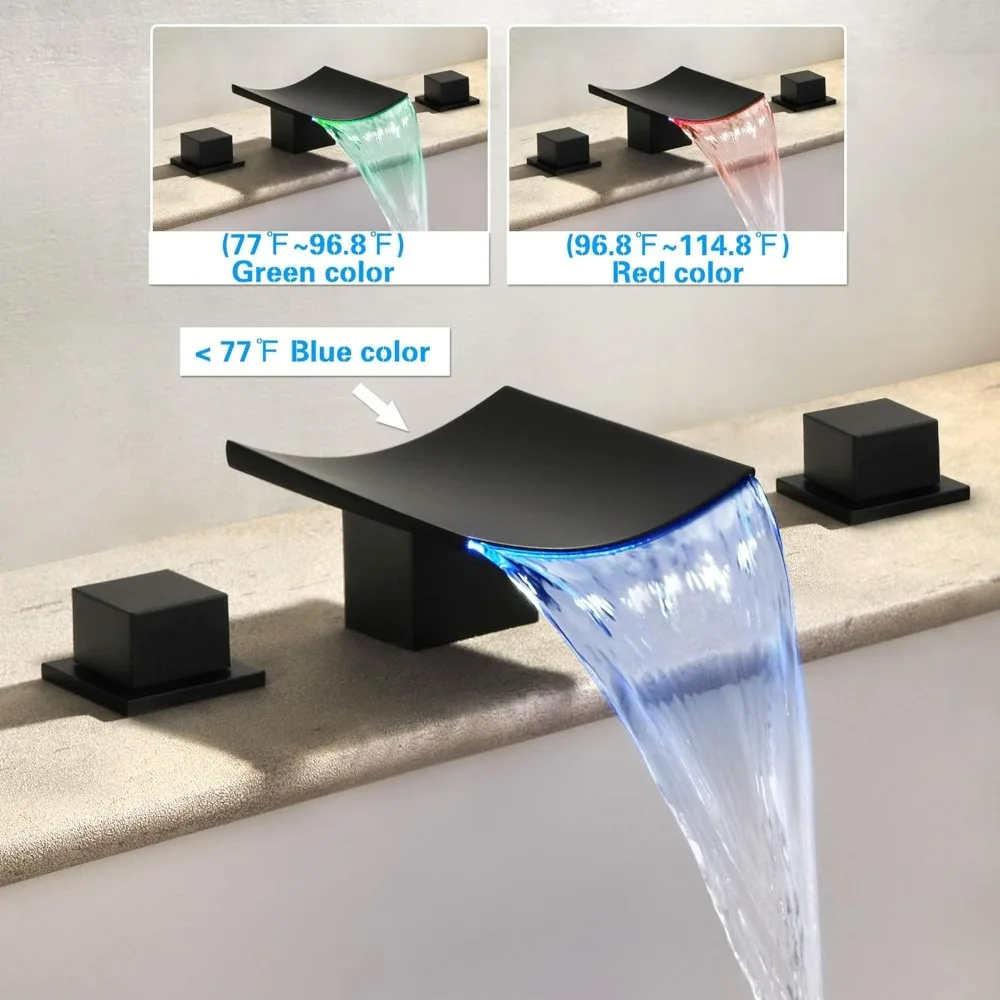 8 Inch Widespread Matte Black Waterfall Faucet Set with Light, Deck-Mounted Two-Handle Bathroom Fixture