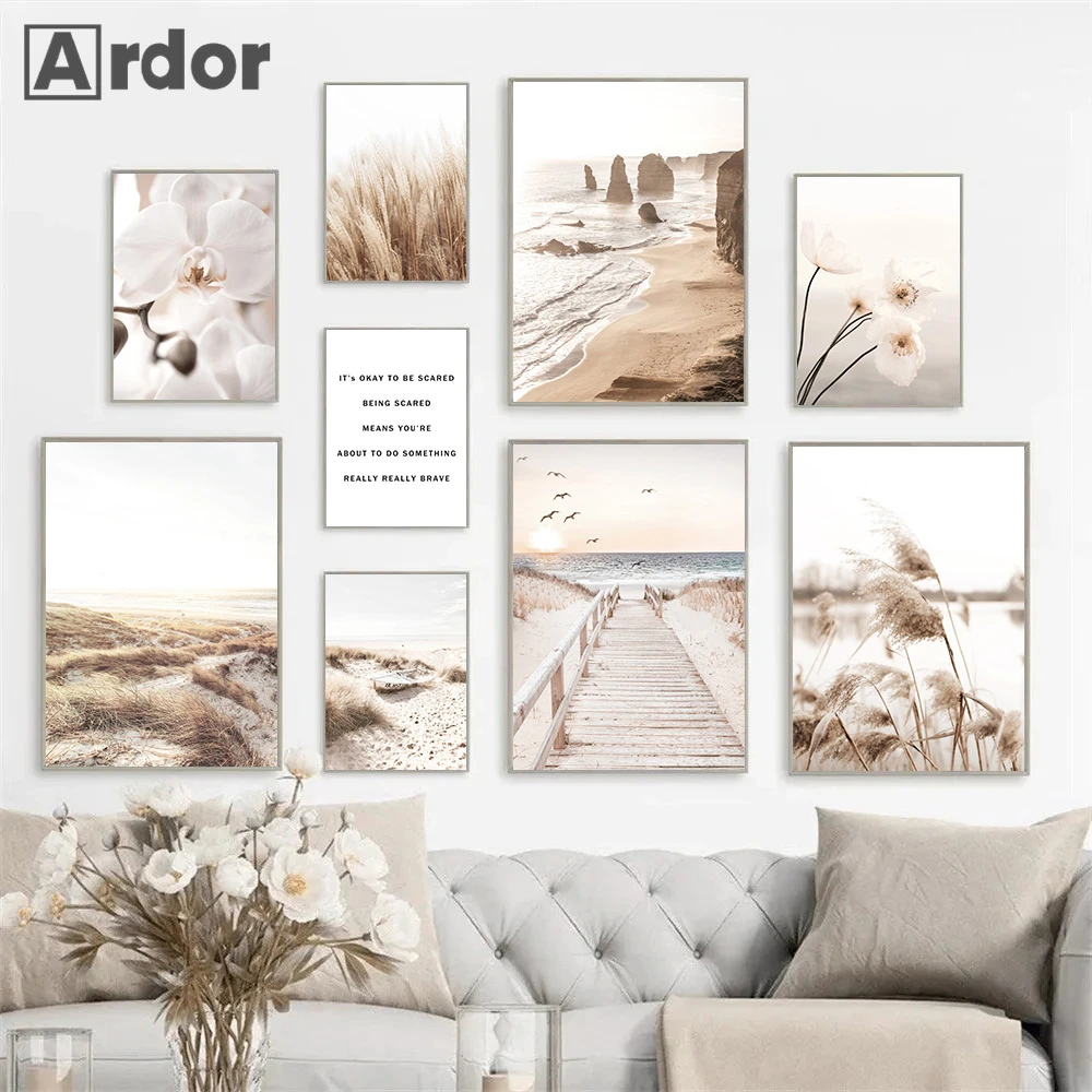 

Bridge Sea Beach Canvas Poster Reed Wall Art Print Painting Flower Posters Beige Art Prints Nordic Wall Pictures Bedroom Decor