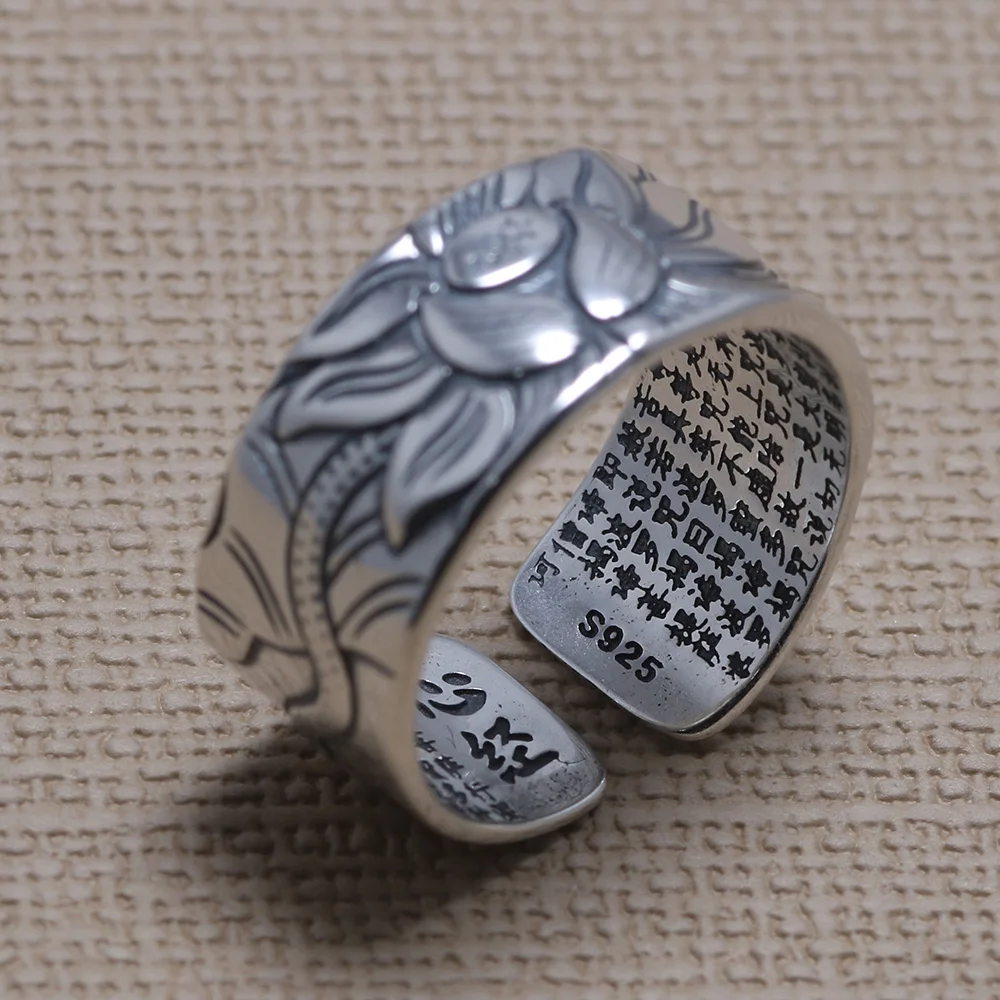 Valós 925 Teljes értékű Ezüst- Lótusz gyűrűk számára férfiak majd Nők Szív SUTRA Szentírás engraved Buddhizmus ékszer méret 5-13