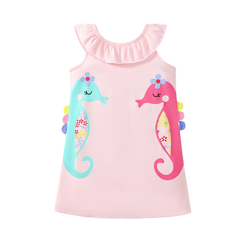 2025 Summer Kids Clothes Children's Clothing Baby Girls Cotton Cartoon Seahorse Pink Dresses Holiday Gifts