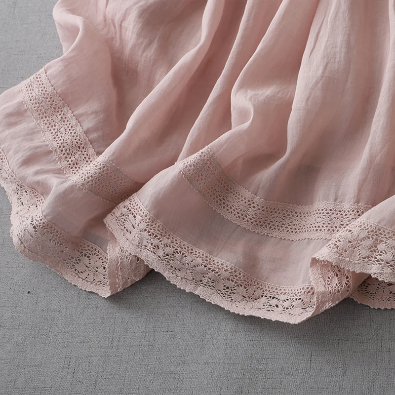 Women's A-Line Midi Skirt Elastic Waist Embroidered Thin Cotton Linen Spring Summer Pure Color Dstring f-length Skirt