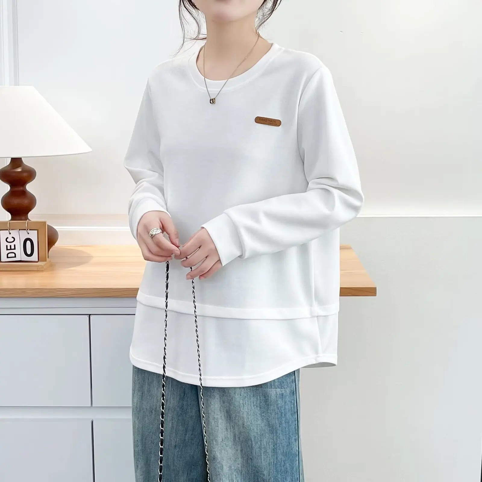 XXXXL Fashion Plus Size Women's Sweatshirts Autumn New Simple Casual Labeled Fake 2 Pieces Long Sleeved Top 633