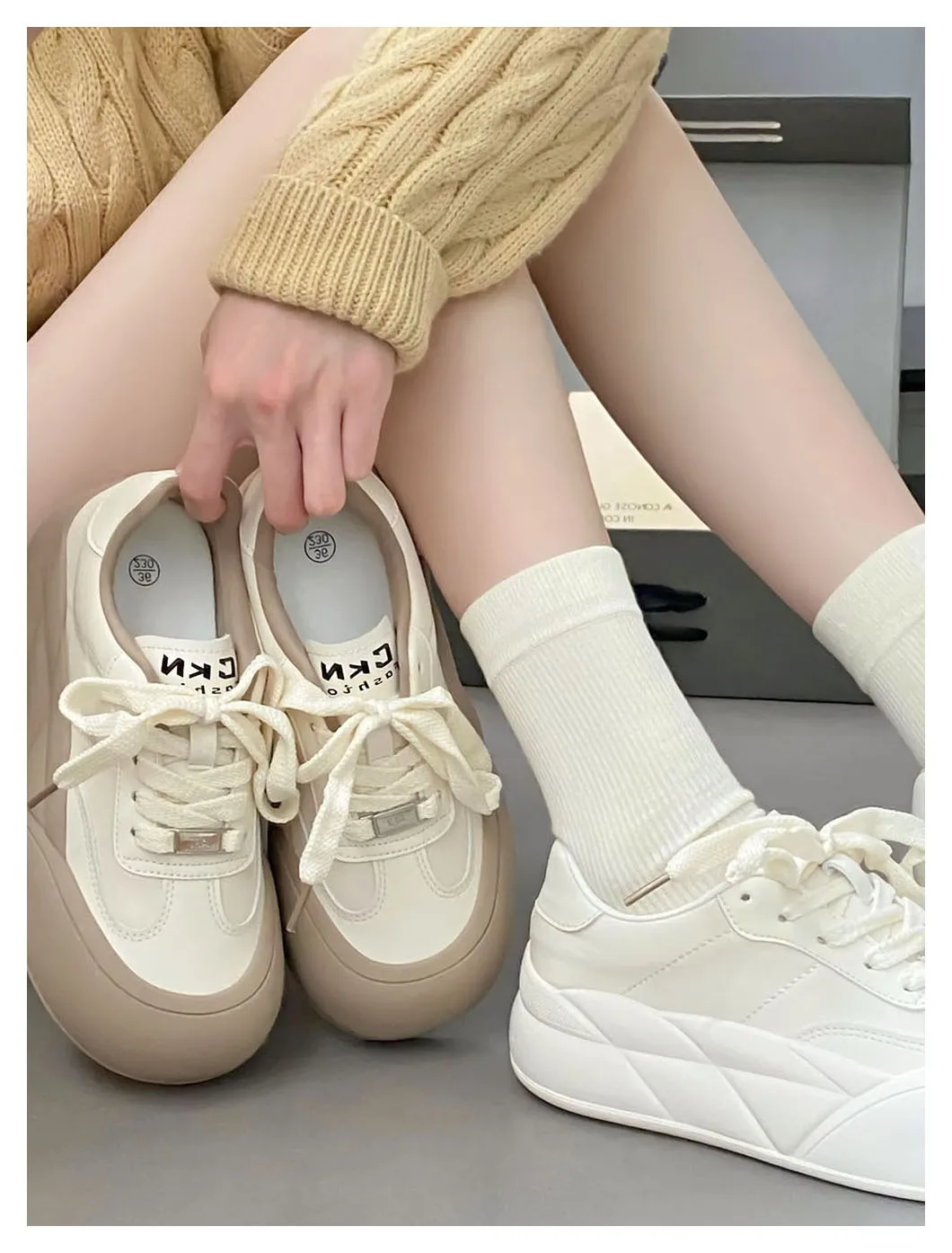 Round Toe Fashion Women Casual Shoes for Spring 2024 Thick Soled Height Women Shoes Leather Pleated Lace-up Board Shoes 24-204