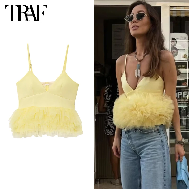 TRAF Yellow Puffy Mesh Tops for Women Strap Ruffle Crop Top Woman Sexy Backless Tulle Top Female Summer Camisole Short Top Women