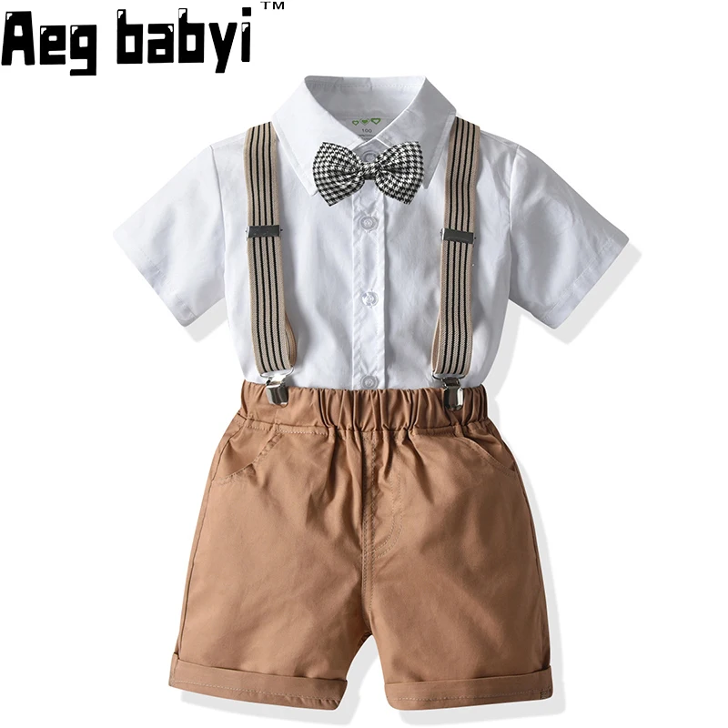 

Summer Kids Boy Formal Suit Shirts With Bowtie+Strap Shorts Sets Baby Boy Clothes Children's Gentleman Dress Suit