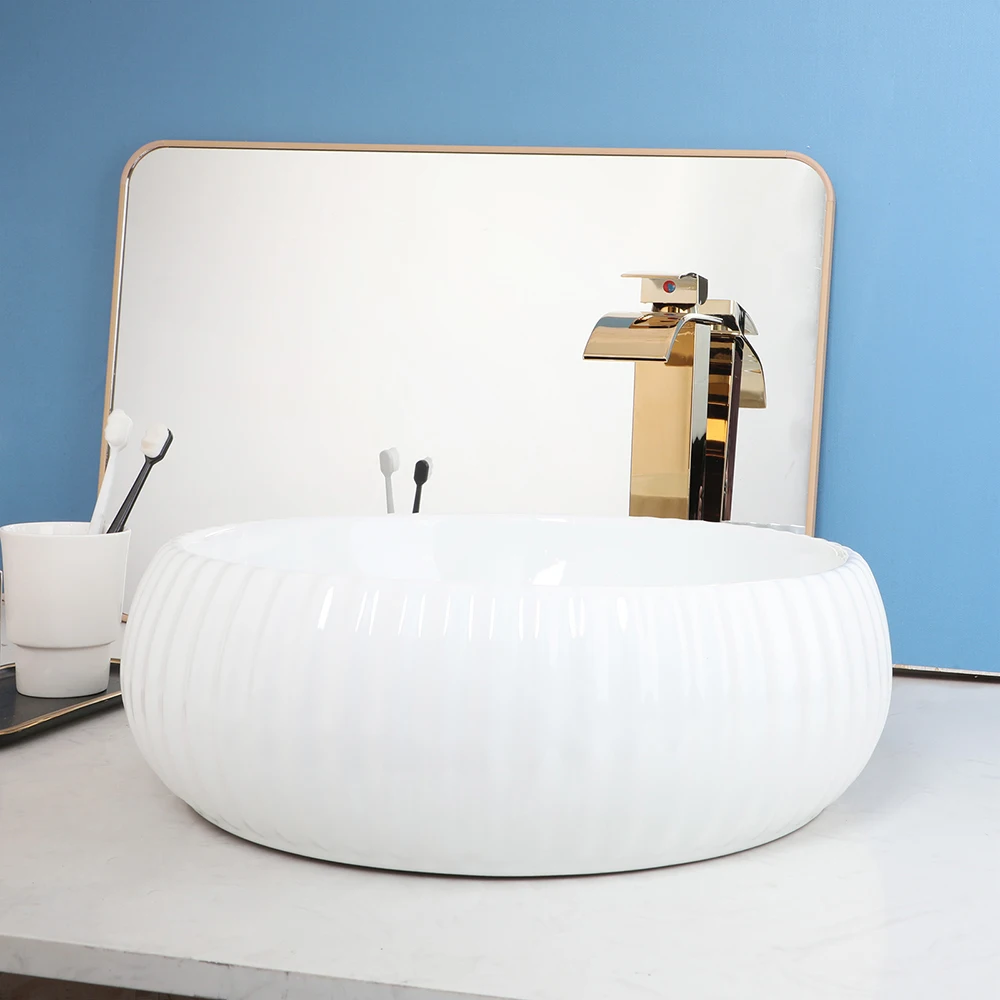 YANKSMART Round Bowl Bathroom Washbasin Sink White Ceramic Minimalist Counter Top Vessel Vanity with Faucet Pop-up Drain Set 4