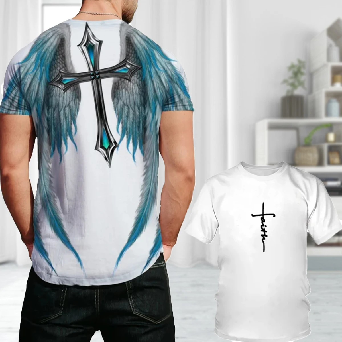 Dazzling Cool Men's T-shirt Angel Wings Cross 3D Printed