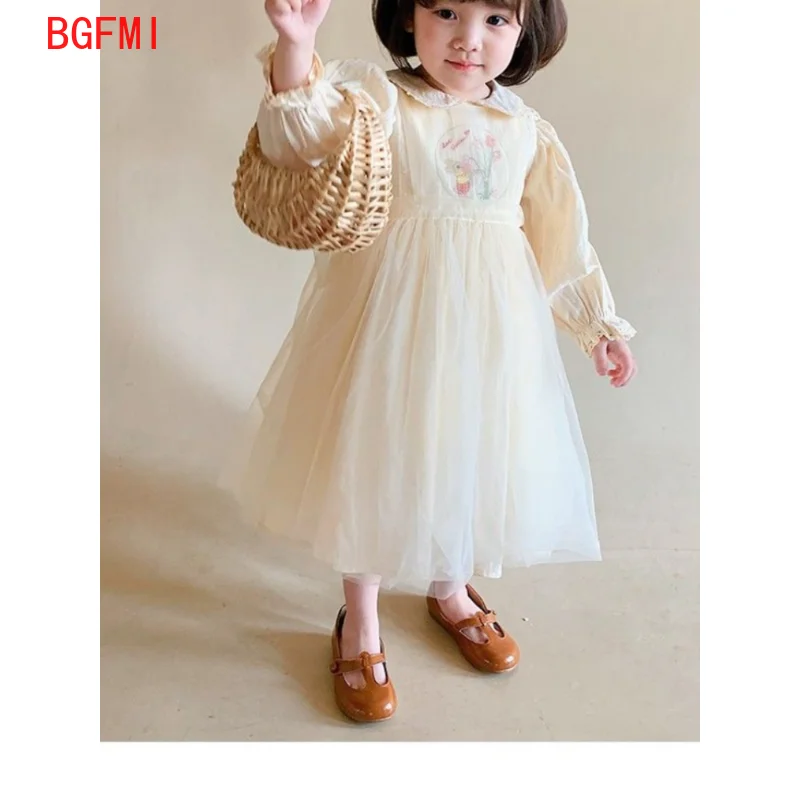 Girls Dress New Baby Kid Girl Spring Summer Dresses Collar Embroidered Yarn