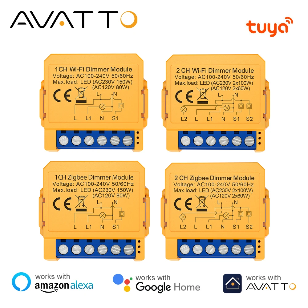 โมดูลสวิตช์หรี่ไฟอัจฉริยะ AVATTO Tuya WiFi/ZigBee 1/2 ช่อง, โมดูลสวิตช์หรี่ไฟ ควบคุมผ่านแอพ รองรับ Alexa และ Google Home 1