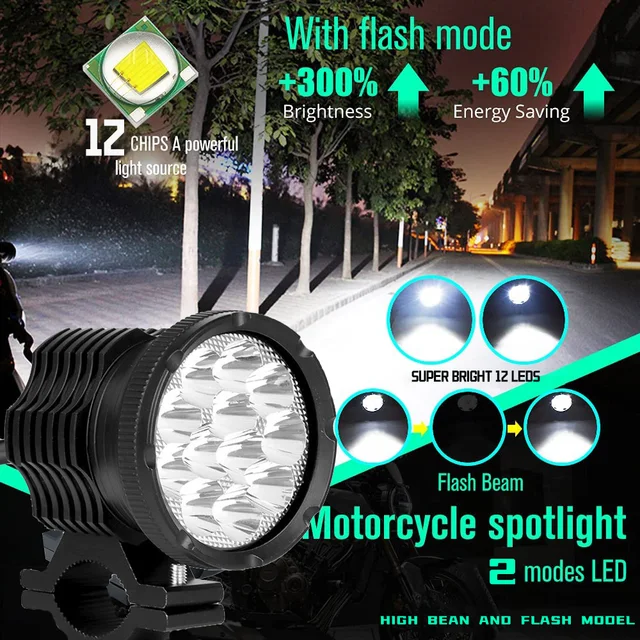 Faros auxiliares para motocicleta, 12Chips, 12-80V, intermitentes delanteros, luces Led adicionales, Faros antiniebla para Moto Farol - Imagen 2