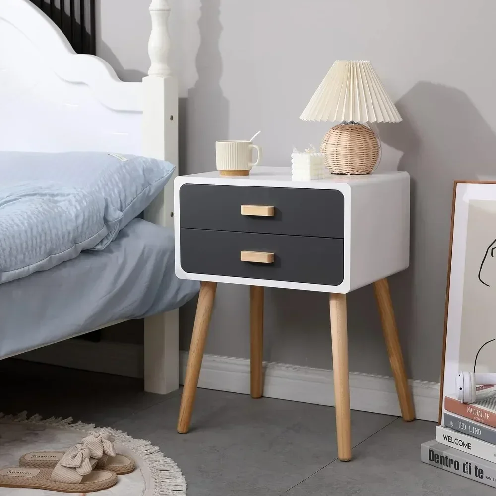 Set of 2 Nightstand End Table with 2 Storage Drawers and Solid Wooden Legs, Bedroom Living Room Furniture (Grey) 2 Set of 2 Nightstand End Table with 2 Storage Drawers and Solid Wooden Legs, Bedroom Living Room Furniture (Grey) 2