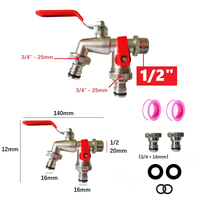 Garden Bibcocks Industrial and Home Irrigation Zinc Alloy Garden Bibcocks Outdoor 1 Inlet 2 Outlet Bibcock with Dual Nipple and Bathroom Faucet