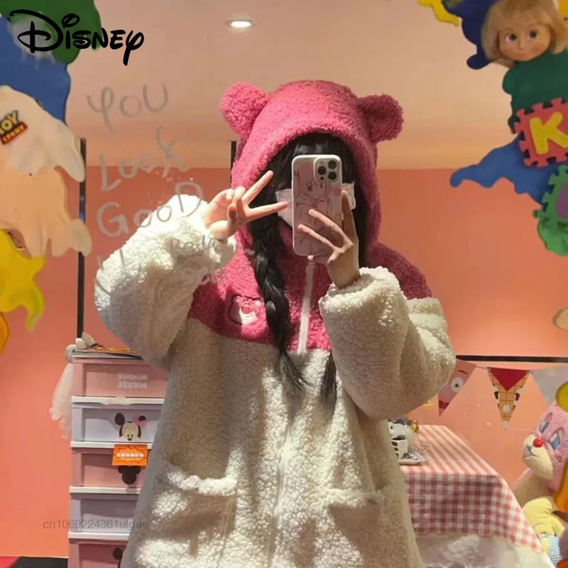 Disney Cartoon Lotso New Clothes Y2k Spring Autumn Thin Plush Coat Women Hoodies Kawaii Top Sweatshirt Hooded Female Clothing