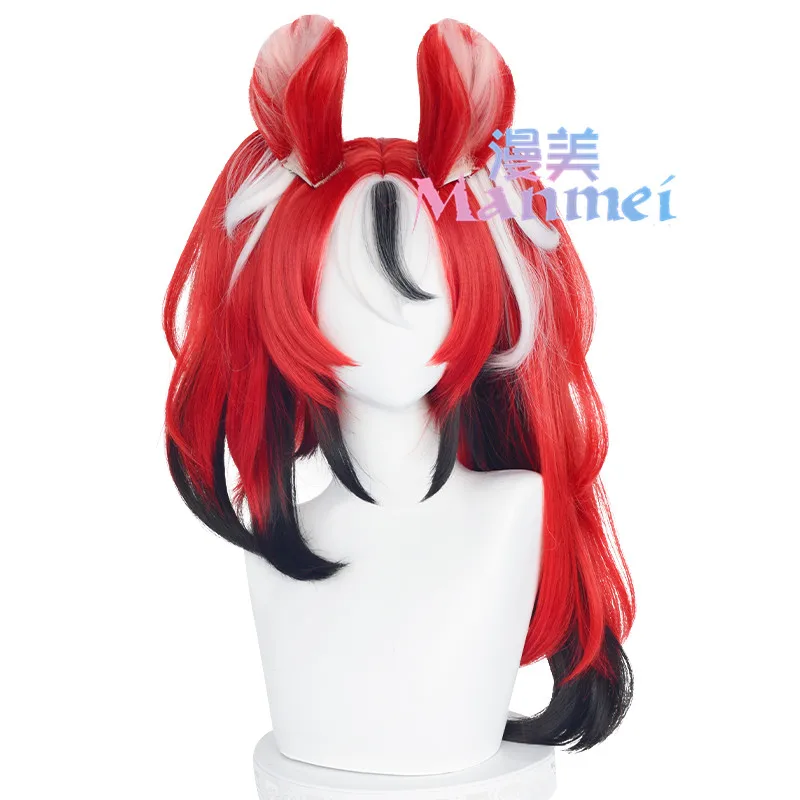 

VTuber Hakos Baelz Cosplay Wig Ponytails Ears Hololive English Girls Red Black White Long Curly Kawai wig + Wig Cap Accessories