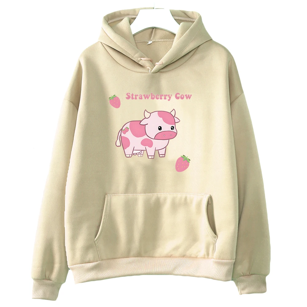 

Strawberry Cow Milk Print Woman Hoody Hip Hop Cute Clothes Fashion Harajuku Fleece Graphic Hoodie Kawaii Printed Sweatshirts Top