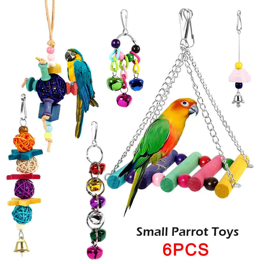 

Bird Swing Chewing Toys Parrot Hammock Bell Toys Parrot Cage Toy Bird Perch with Wood Beads Hanging 6pc/set