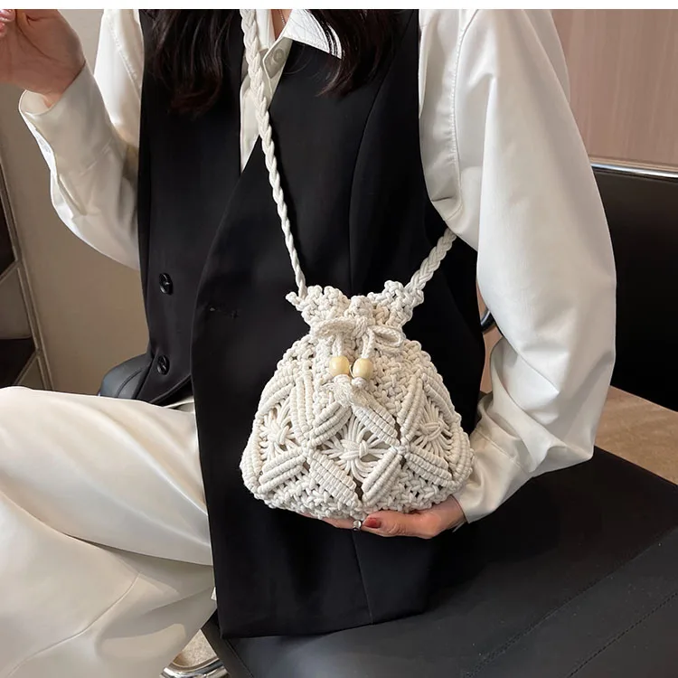 Cotton Rope Bucket Shoulder Bag For Women Handamade Woven Handbag