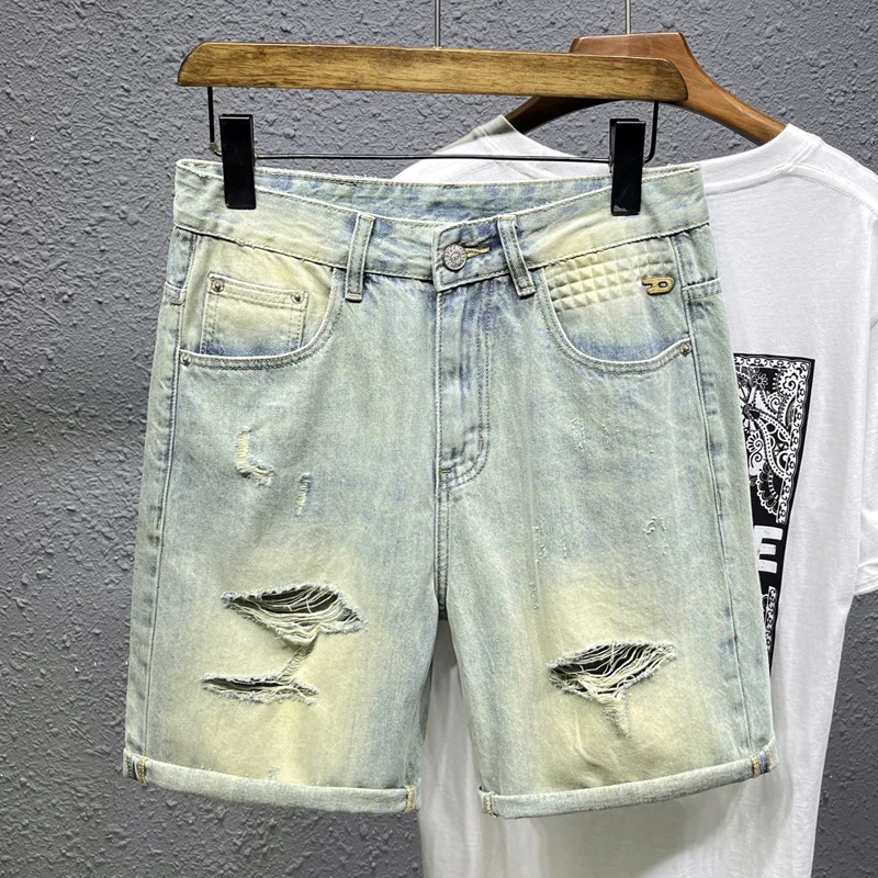 2024Summer New Nostalgic Washed Denim Shorts Men's Retro Street Trend Casual Stretch Ripped Pirate Shorts