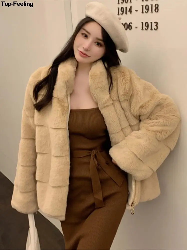 

Korean Luxury Zip Up Fake Fur Coat for Women's Autumn Winter Fashion Loose Long Sleeve Short Outerwear Female Elegant Clothes