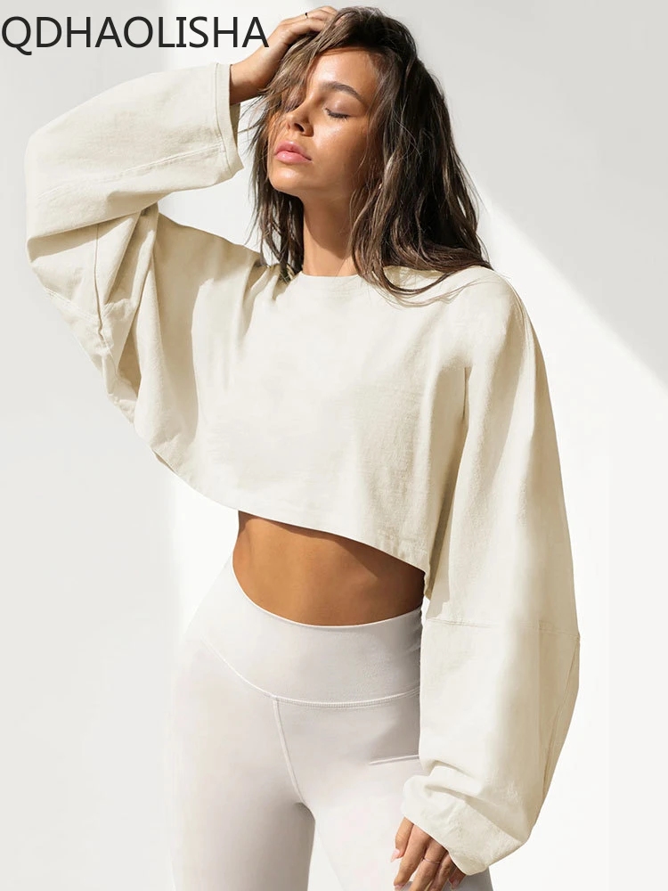 

Hooded Shirt 2024 New in Woman Clothing Round Neck Hoodie Women's Short Sports Base T-shirt Long Sleeved Make Old Pullover Top