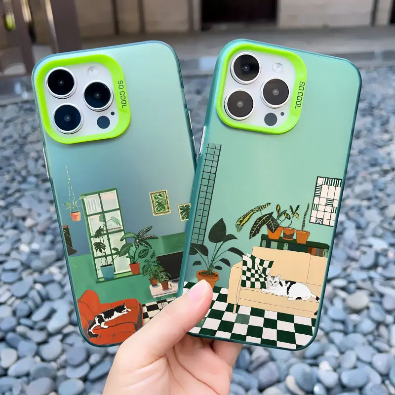 Frische grüne Blätter bemalte Handyhülle für iPhone 17 11 12 13 14 15 16 Plus Pro Max Mini – Heimdekor-Illustration Laser-Schutzhüllen
