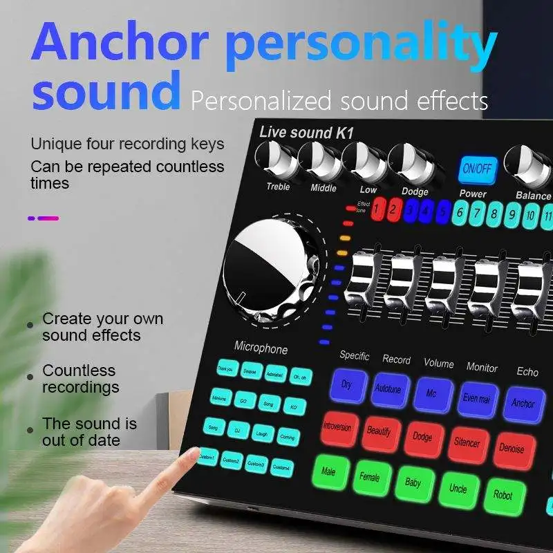 K1 Computer Phone Voice Changer HiFi Live Sound Card Mixer Board Streaming Audio 5.0 Universal_voghion.com