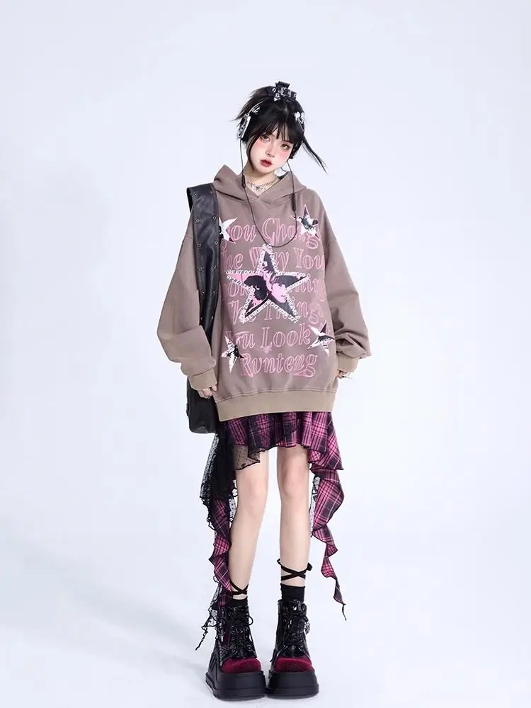 Hoodie Letters Stars Printed Retro Tops Harajuku Streetwear Hip Hop Hoodie Women 2023 New