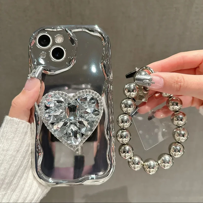 Custodia con bracciale di perline in argento placcato di lusso per Samsung S24 S23 Ultra S22 S21 Plus S20 FE A54 A55 A34 A14 A15 Custodia con supporto a cuore_voghion.com