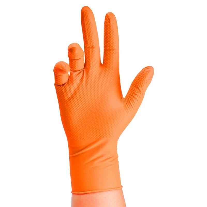 Disposable Gloves Heavy Duty Orange Nitrile Gloves 8Mil Industrial With Diamond Textured Grip For Mechanic Safety & Work Gloves 2