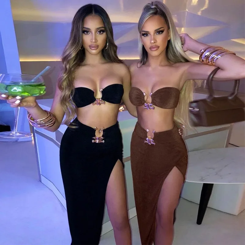 

Bodycon Sexy Midi Women's Suits with Corset Top&Split Skirts Set Elegant Party V Neck Strapless Woman 2 Piece Dress