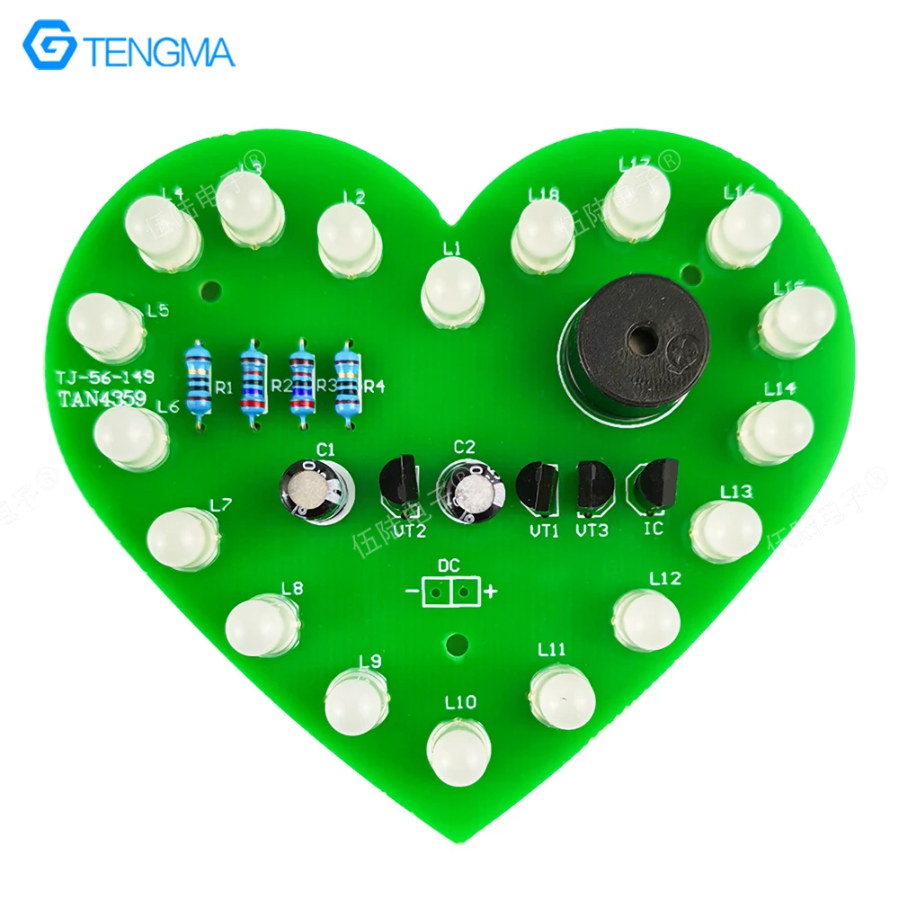 RedandBlueDualColor18LEDHeartShapedMusicFlashingLightCircuitBoardWeldingPractice