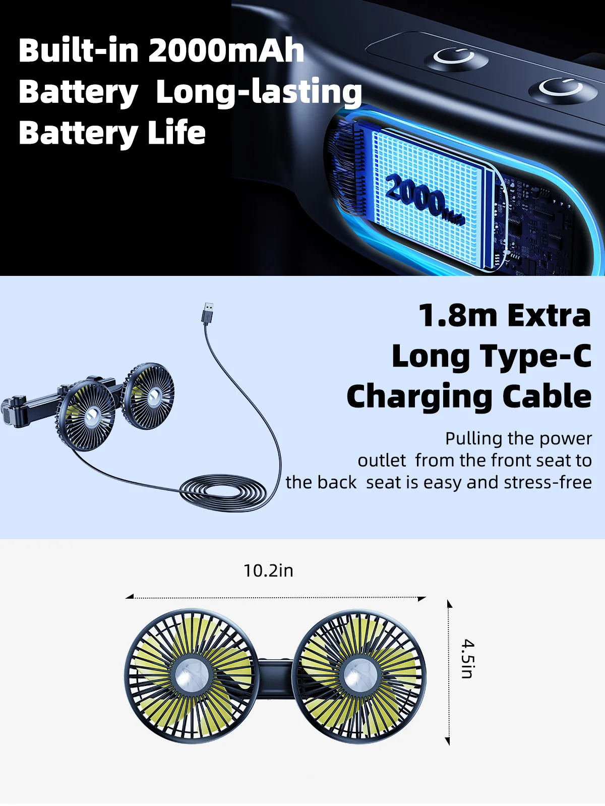 Eary Car Dual-Head Fan Mount For Backseat Rear Seat Headrest USB Charge Long Arm Adjustable 3-Speed Wind Air Cooling Fan For Kid 3