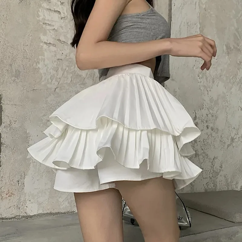 

2023 Summer Layered Cake Mini Skirts Women Double Layer Ruffles Y2K Short Skirts Woman Solid Color High Waist Skirt White Female