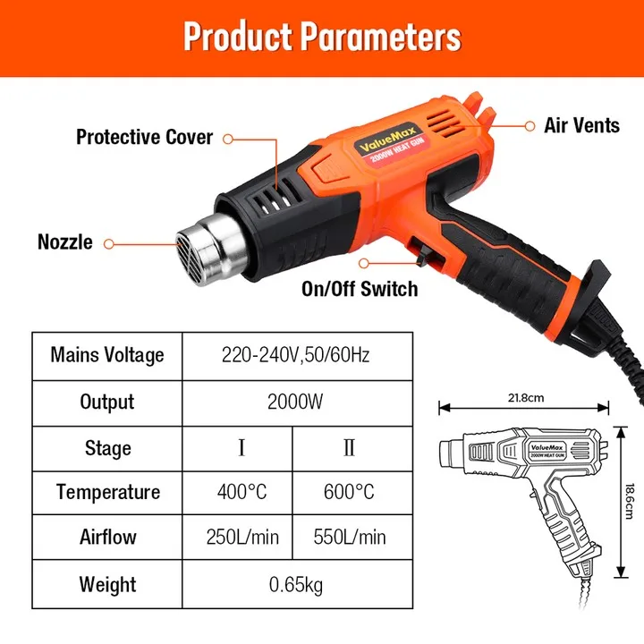 Hot Air Gun VALUEMAX Adjustable Hot Air Gun with Four Nozzles Mini Heat Gun Thermal Blower Shrink Wrapping Construction 2000W