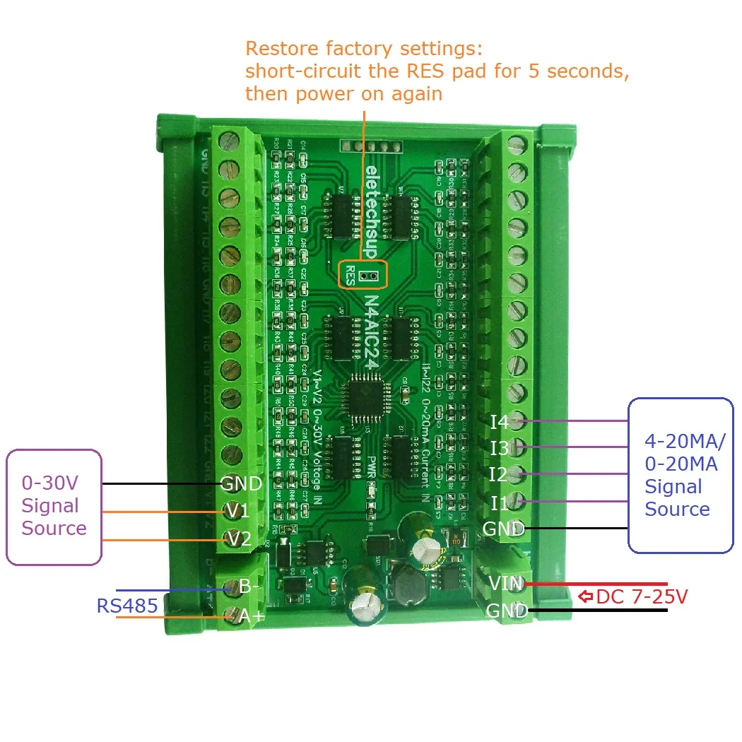 24CH 12 비트 ADC 컬렉터 보드, MODBUS RTU PLC IO 22CH 4-20MA 전류 및 2CH 0-30V 전압 입력, RS485 AI 모듈