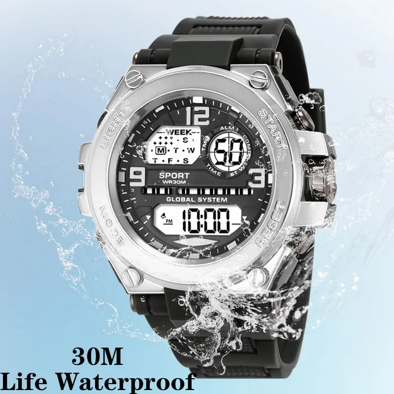 YIKAZE Men's Sports Watches Military Multifunction Digital Watch 3Bar Waterproof Luminous Alarm Clock Men Electronic Wristwatch