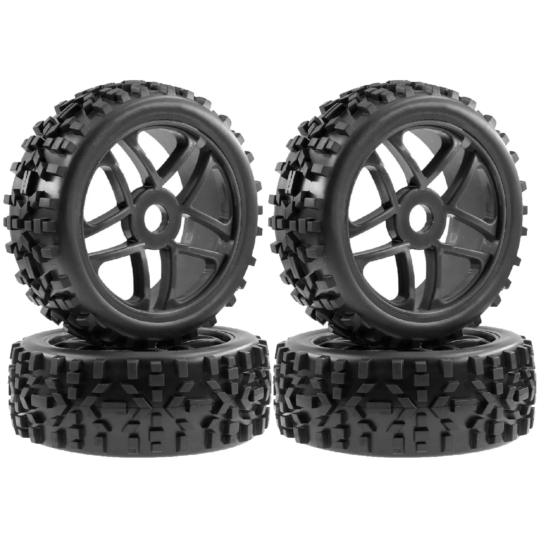 Détail du pneu en caoutchouc 115mm avec jante noire, parfait pour pneus et jantes RC 1/8.