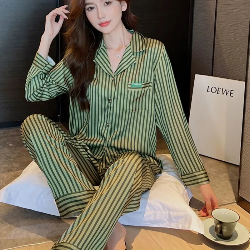 

new spring and summer 2023 French striped pyjamas female senior ice silk feeling leisurewear show thin two-piece outfit