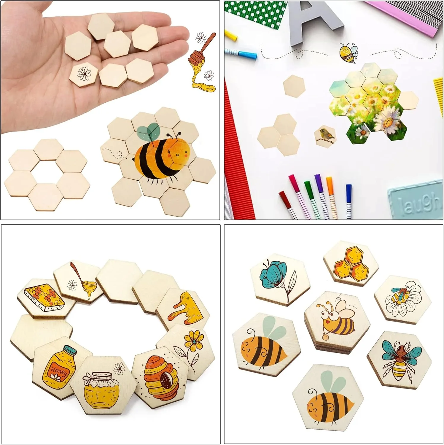 100개 20mm 육각형 미완성 나무 조각, 나무 슬라이스, 나무 칩, DIY 공예 및 홈 장 장식품